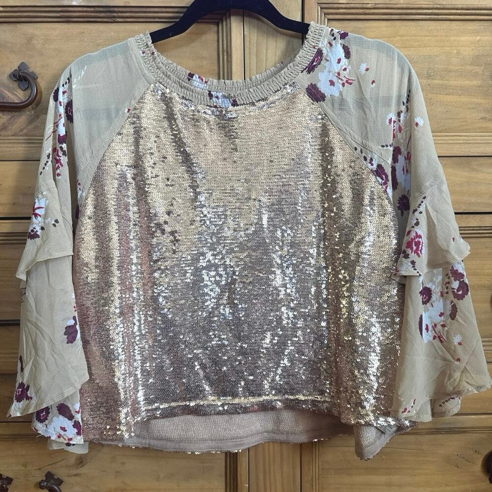 Free People Shimmy Shake Floral Sequin Top‎ In Champagne XS